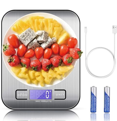 TBONEEY Báscula Cocina Digital USB Recargable, Bascula Precision Cocina 10kg/1g Peso de Cocina Digital, Balanza de Alimentos Acero Inoxidable con Pantalla LCD, Función de Tara (Baterias Incluidas)